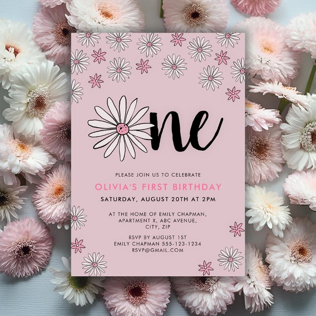 Daisy One Floral 1st Birthday Invitation (Girls First Birthday Invitation pink and white floral daisy design)