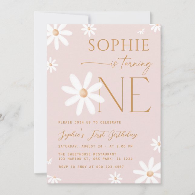 Daisy One Floral Pink 1st Birthday Invitation (Front)