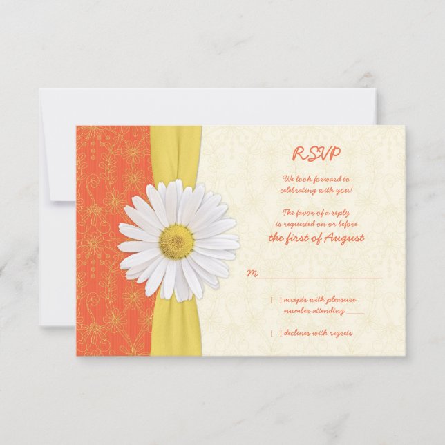 Daisy Orange, Yellow, Ivory Wedding Reply Card (Front)