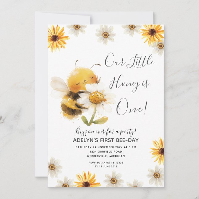 Daisy Our little Honey Bee 1st Birthday Sunflowers Invitation (Front)