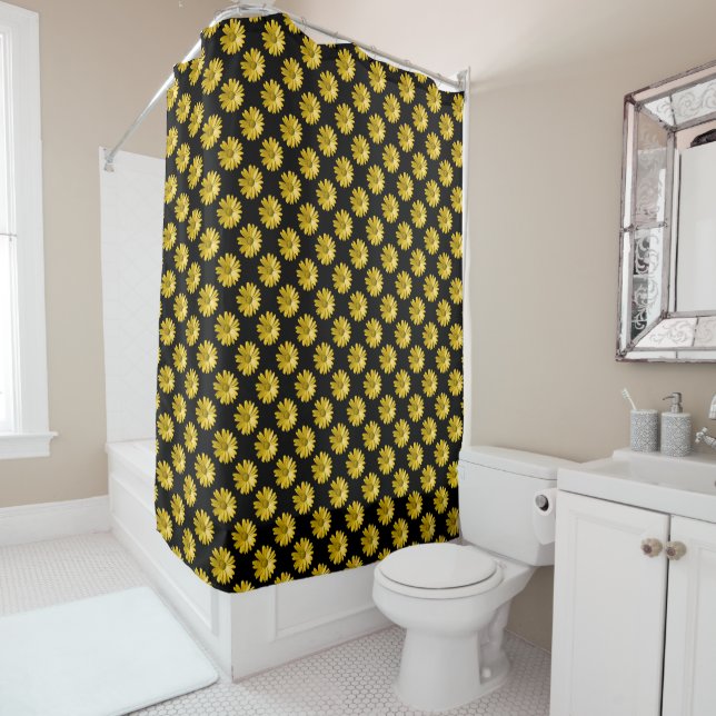 Daisy Pattern - Amber on Black Shower Curtain (In Situ)