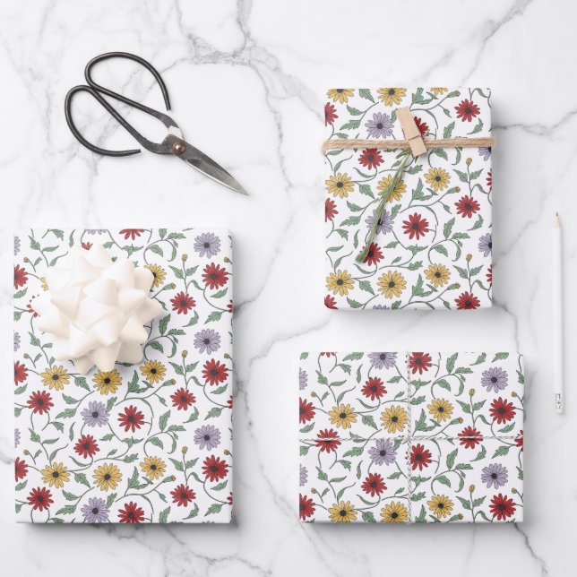 Daisy Pattern Doodle Pen and Ink Style Wrapping Paper Sheet (Front)