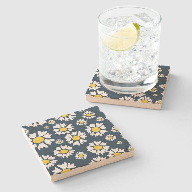 Daisy Pattern, Floral Pattern, White Daisies Stone Coaster (Side)