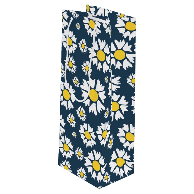 Daisy Pattern, Floral Pattern, White Daisies Wine Gift Bag (Back Angled)
