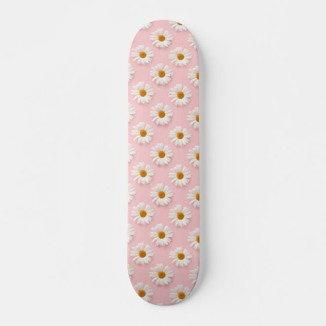 Daisy Pattern Floral White Daisies Pink  Skateboard (Front)