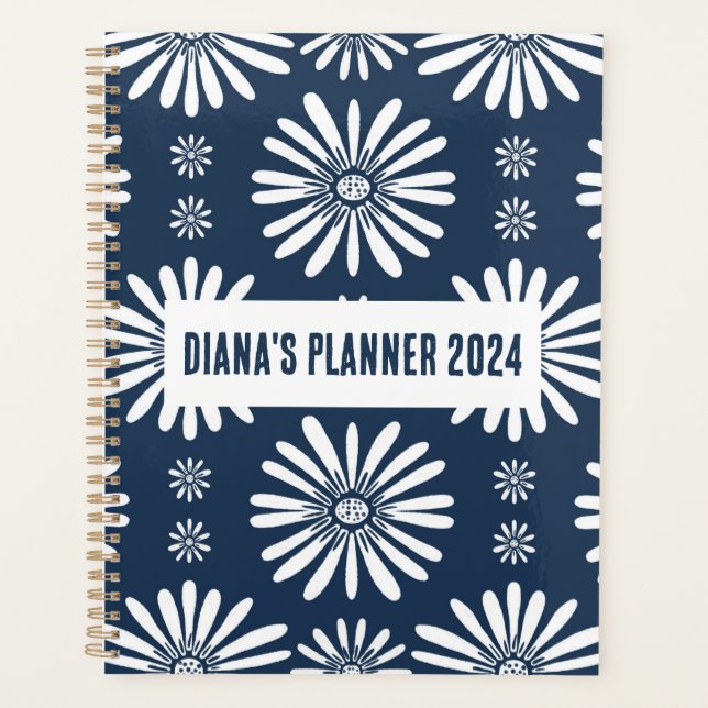 Daisy Pattern Flowers Blooms Floral Navy CUSTOM  Planner (Front)