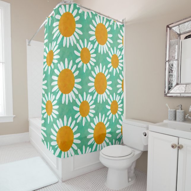 Daisy Pattern Folk Art Inspired  Shower Curtain (In Situ)