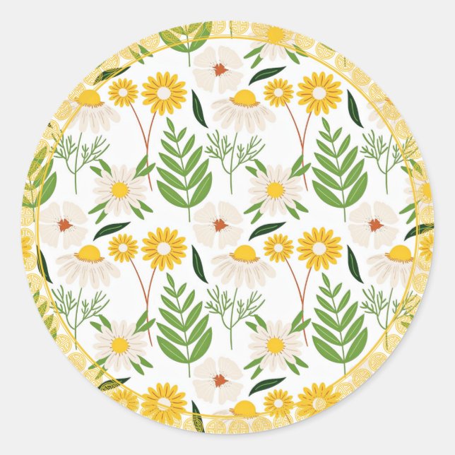 Daisy Pattern, Golden-Yellow Trim, Classic Round Sticker (Front)