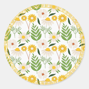 Daisy Pattern, Golden-Yellow Trim, Classic Round Sticker