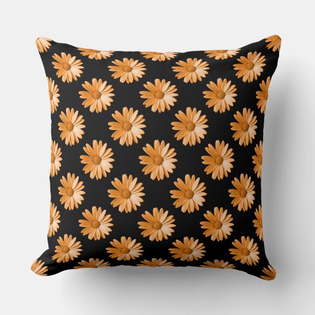 Daisy Pattern - Light Orange on Black Cushion (Front)