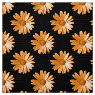 Daisy Pattern - Light Orange on Black Fabric