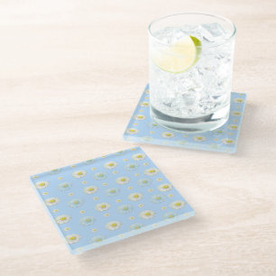 Daisy Pattern on light blue background Glass Coaster