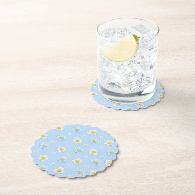 Daisy Pattern on light blue background  Paper Coaster (Insitu)