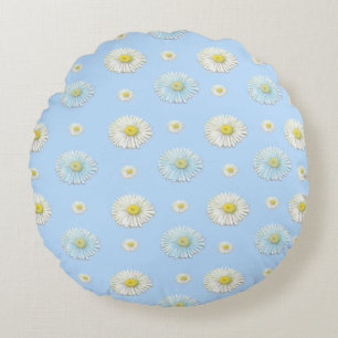 Daisy Pattern on light blue background Round Cushion