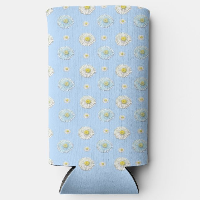 Daisy Pattern on light blue background  Seltzer Can Cooler (Front)