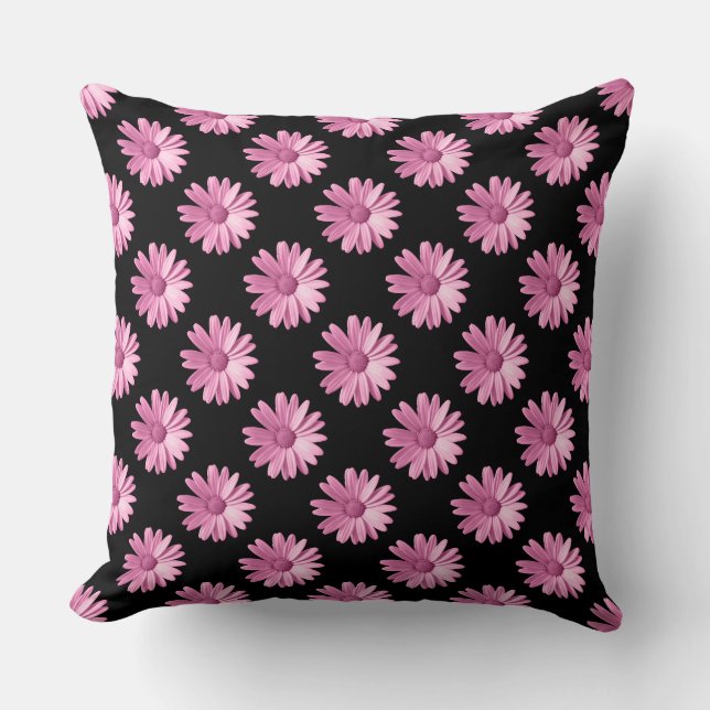 Daisy Pattern - Pink on Black Cushion (Front)