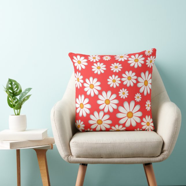 Daisy Pattern - Red & White Cheerful Floral Design Cushion (Chair)