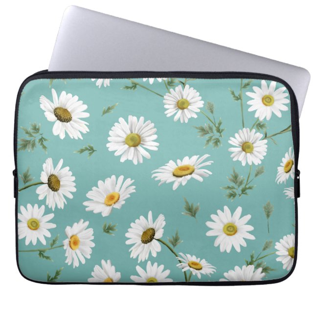 Daisy Pattern, Teal Background Laptop Sleeve (Front)