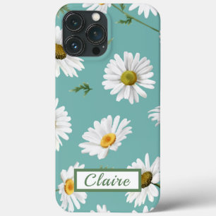 Daisy Pattern, Teal Background, Personalised iPhone 13 Pro Max Case