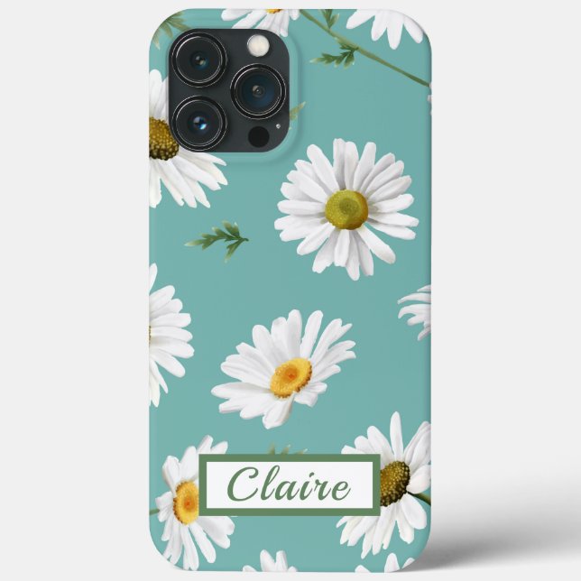 Daisy Pattern, Teal Background, Personalised Case-Mate iPhone Case (Back)