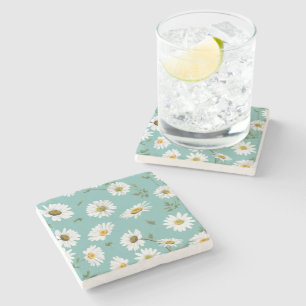 Daisy Pattern, Teal Background Stone Coaster