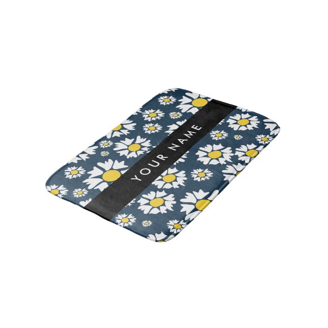 Daisy Pattern, White Daisies, Your Name Bath Mat (Angled)