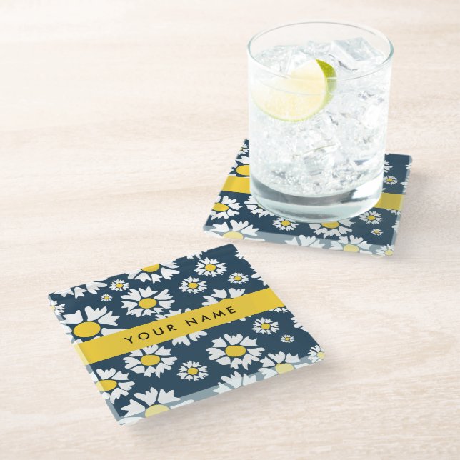Daisy Pattern, White Daisies, Your Name Glass Coaster (Angled)