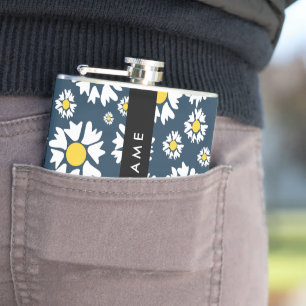 Daisy Pattern, White Daisies, Your Name Hip Flask