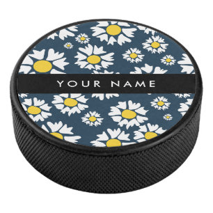 Daisy Pattern, White Daisies, Your Name Hockey Puck