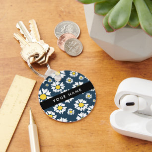 Daisy Pattern, White Daisies, Your Name Key Ring