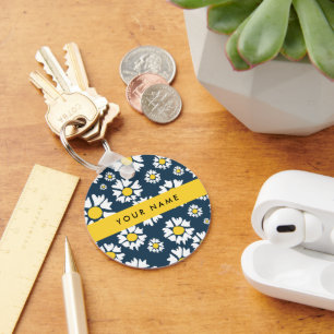 Daisy Pattern, White Daisies, Your Name Key Ring