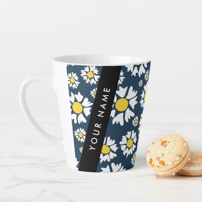 Daisy Pattern, White Daisies, Your Name Latte Mug (In Situ)