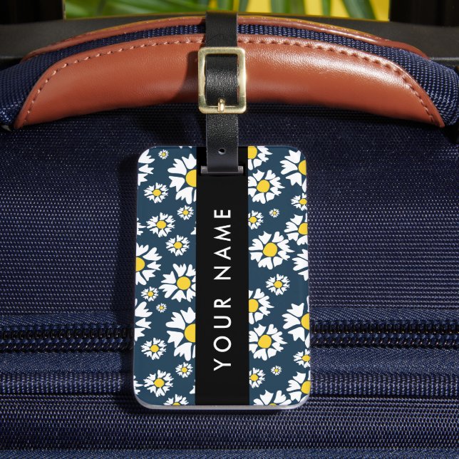 Daisy Pattern, White Daisies, Your Name Luggage Tag (Front Insitu 2)