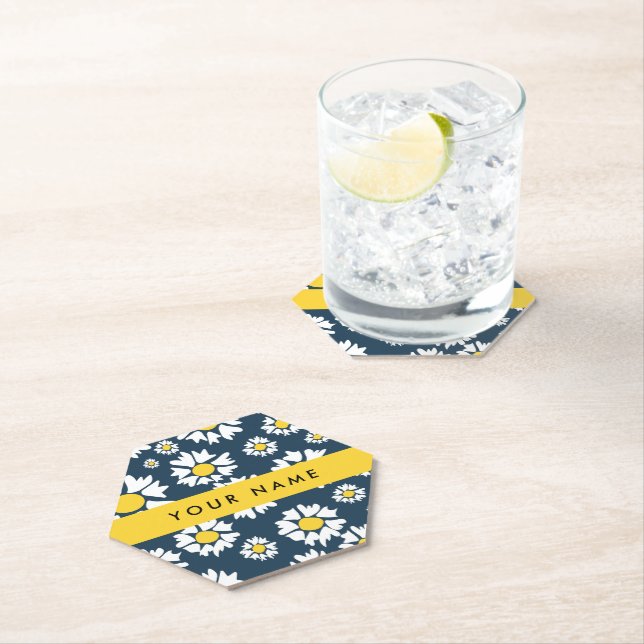 Daisy Pattern, White Daisies, Your Name Paper Coaster (Insitu)