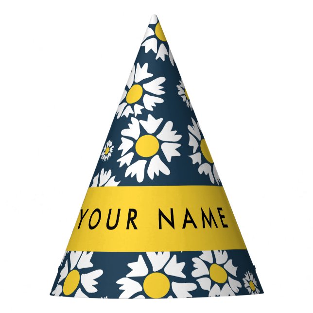 Daisy Pattern, White Daisies, Your Name Party Hat (Front)