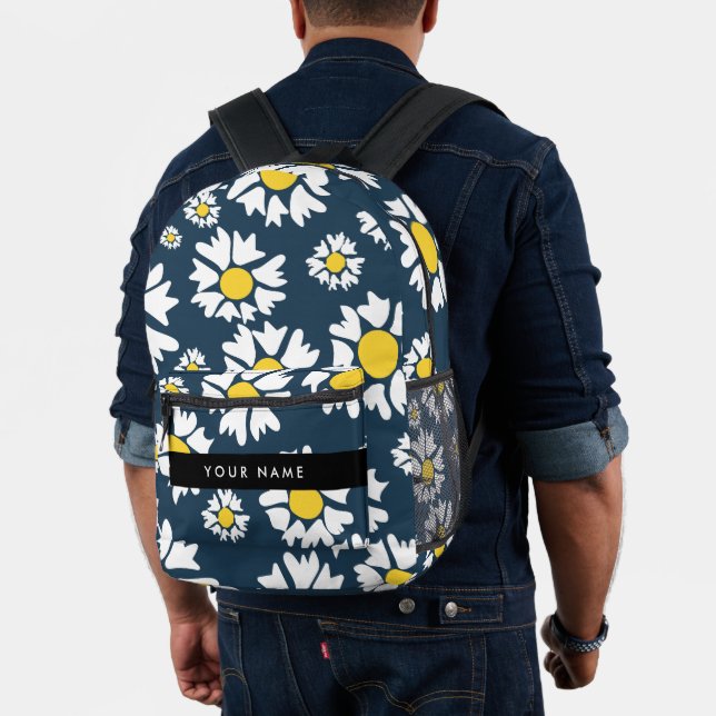 Daisy Pattern, White Daisies, Your Name Printed Backpack (Insitu (Model))