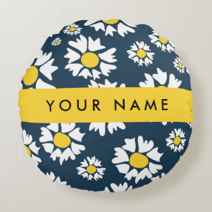 Daisy Pattern, White Daisies, Your Name Round Cushion