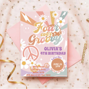Daisy Peach Love Four Ever Groovy 4th birthday Invitation