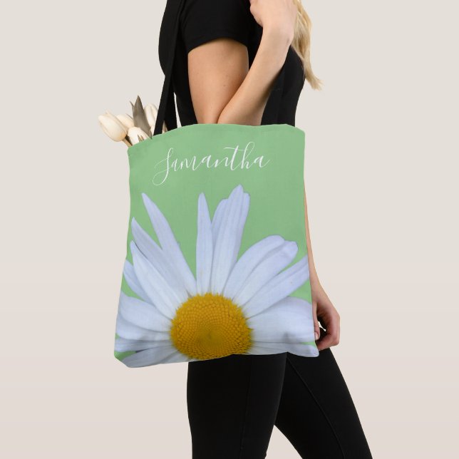 Daisy Photo Green Elegant White Script Tote Bag (Close Up)