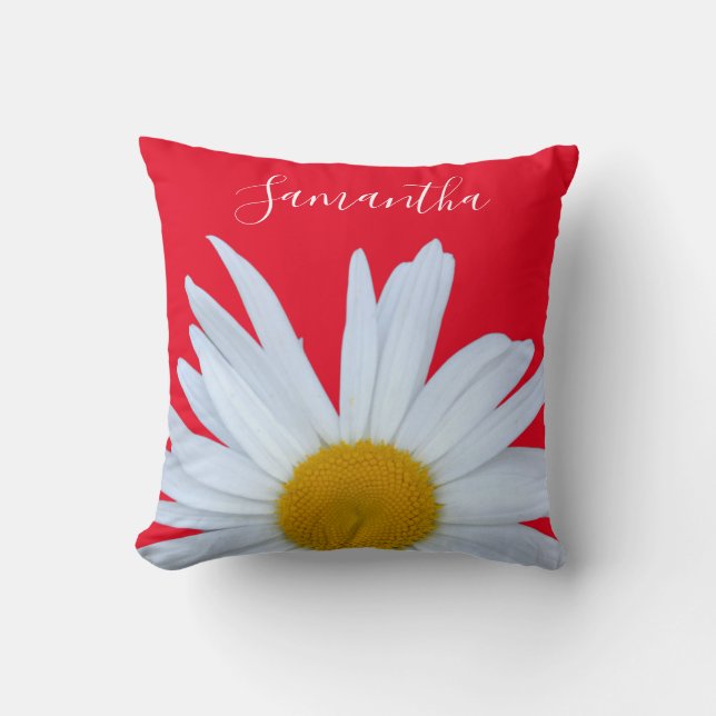 Daisy Photo Red Elegant White Script Cushion (Front)
