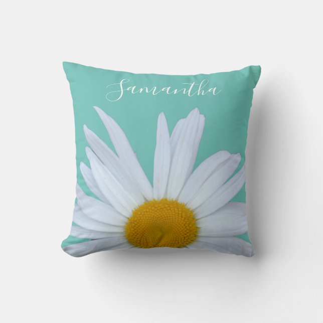 Daisy Photo Teal Green Elegant White Script Cushion (Front)