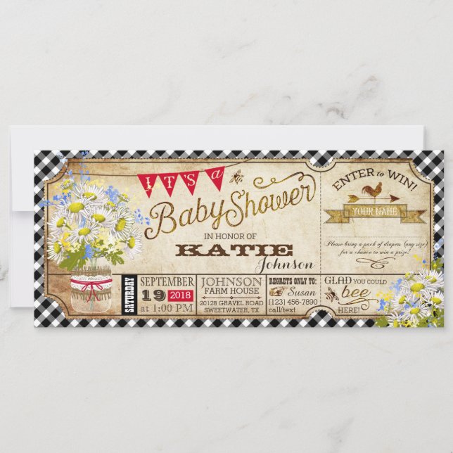 Daisy Picnic Black Gingham Check Baby Shower Invitation (Front)