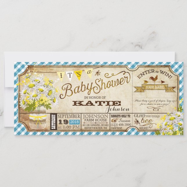 Daisy Picnic Blue Gingham Check Baby Shower Invitation (Front)