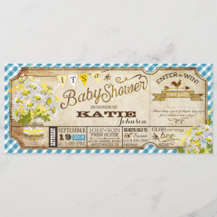 Daisy Picnic Blue Gingham Check Baby Shower Invitation