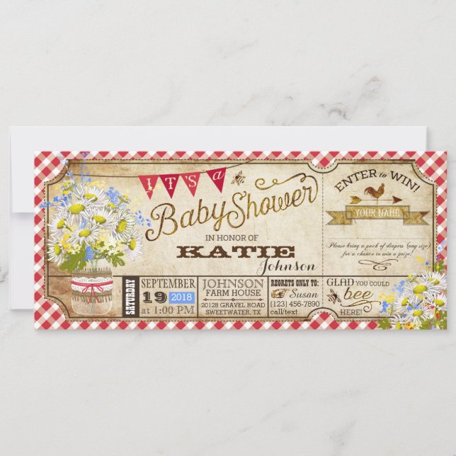 Daisy Picnic Red Gingham Check Baby Shower Invitation (Front)