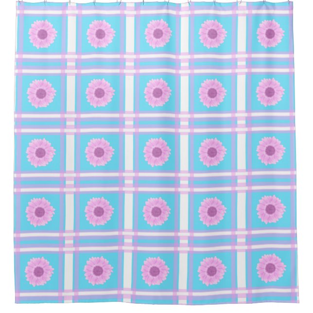 Daisy Pink and blue Plaid Shower Curtain (Front)