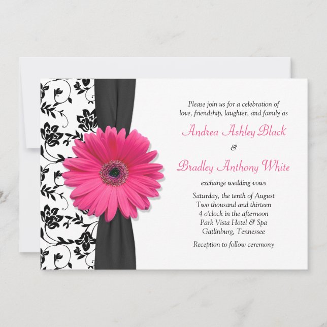 Daisy Pink Black White Floral Wedding Invitation (Front)