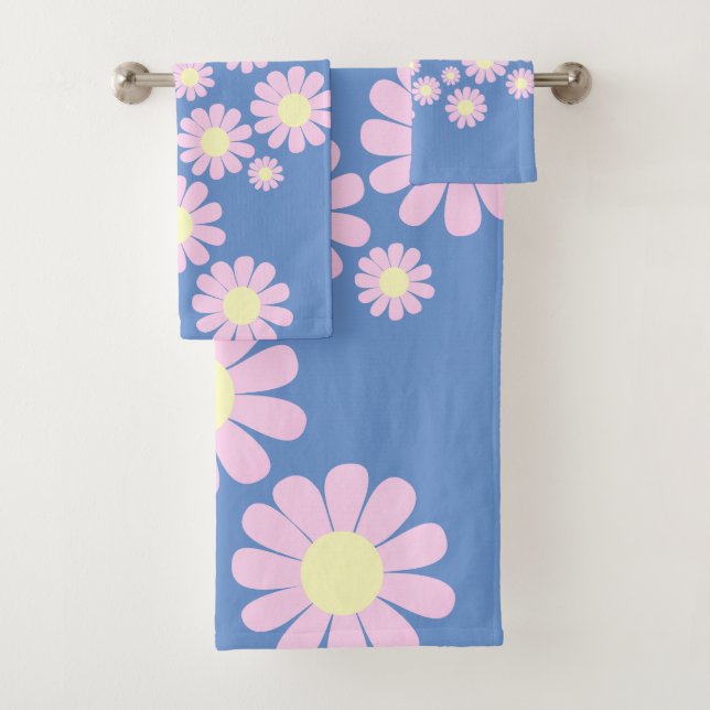 Daisy Pink Blue Desk Mat Bath Towel Set (Insitu)