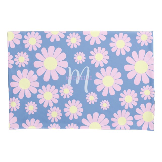 Daisy Pink Blue Monogram Pillowcase (Front)