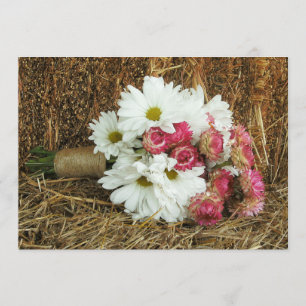Daisy & Pink Bouquet & Hay - Country Barn Wedding Invitation